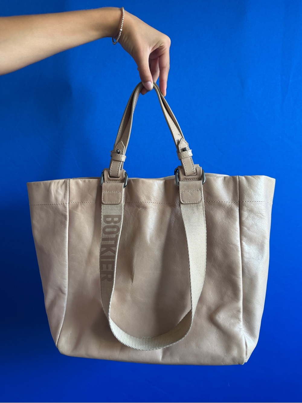 Botkier Bedford Beige Leather Tote with Branded Canvas Strap